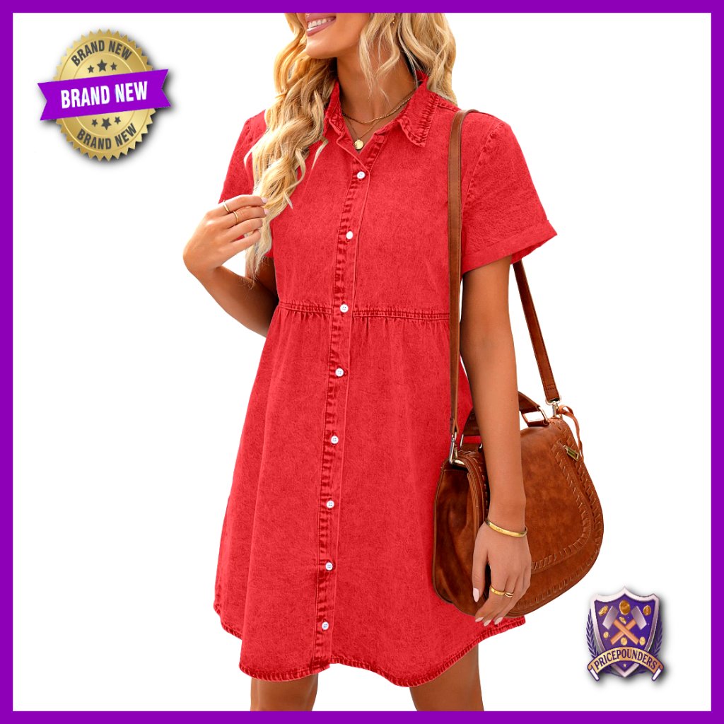 Short Sleeve Button Down Flowy Tiered Babydoll Denim Dress Chic Casual